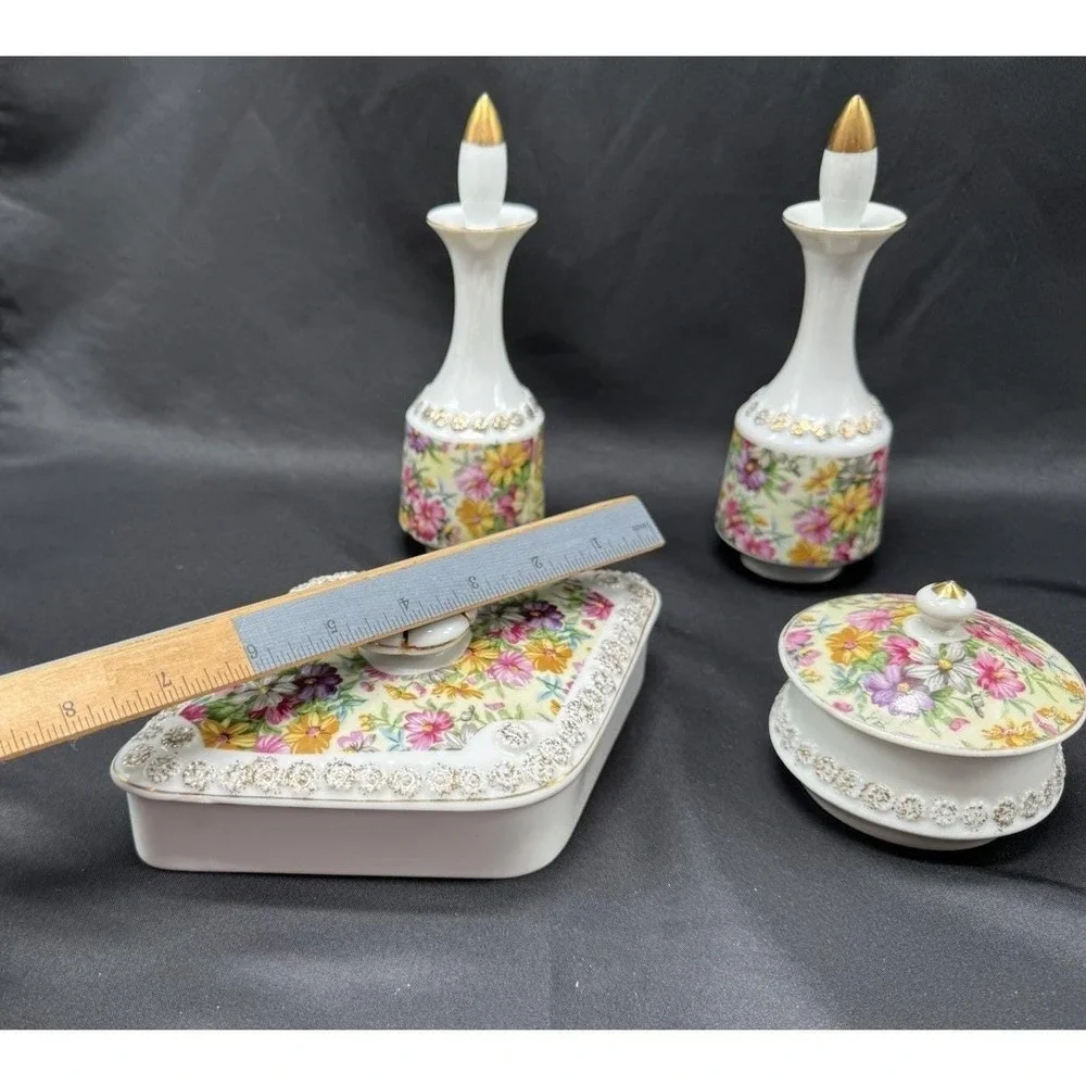 Vintage Tilso Japan Floral Gold Porcelain Dresser Vanity 4 Piece Set Bath Decor